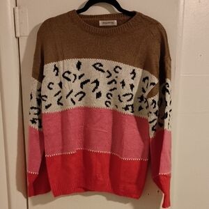 Brown and Pink Crew Neck Sweater with Artistic Design